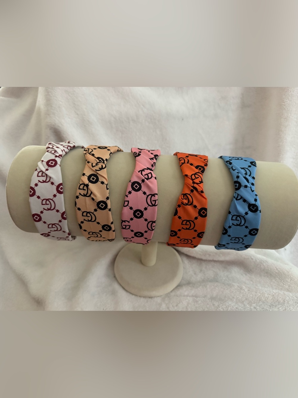 Patterned Knotted Headband - White, Tan, Pink, Orange & Blue